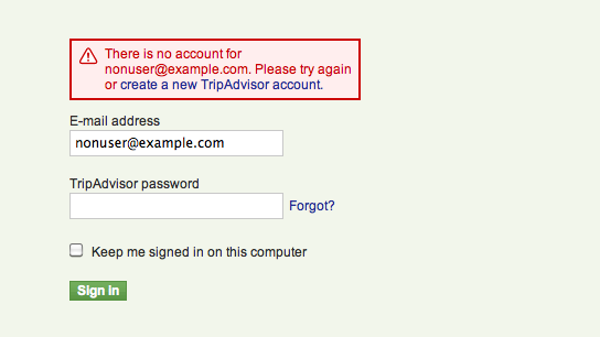 Failed login stating "There is no account for nonuser@example.com".