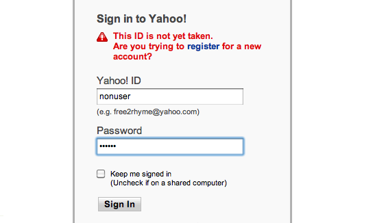 Failed login stating "This ID is not yet taken."