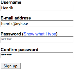 [Signup form with password field and password confirmation field]