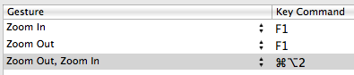 Zoom In: F1; Zoom Out: F1; Zoom Out, Zoom In: Command+Option+2
