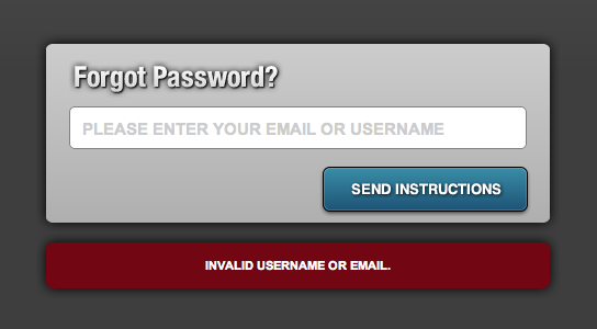 Password reset form stating "Invalid username or email".