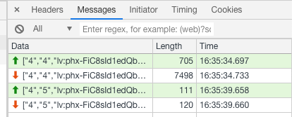 Screenshot of WebSocket data in Web Inspector